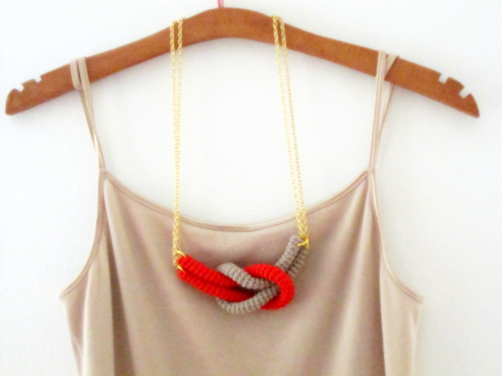 Together, Crochet Knot Necklace. Nautical Knot Necklace. Red And Sand